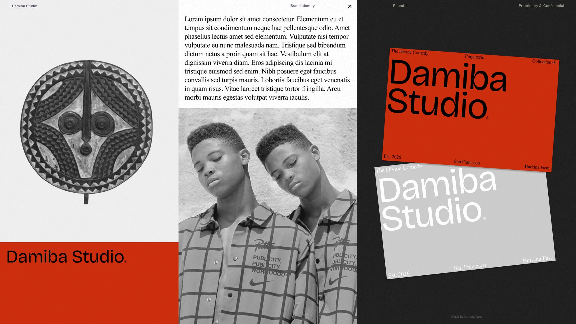 Finished DAMIBA identity board: mask motif, wordmark, campaign photography