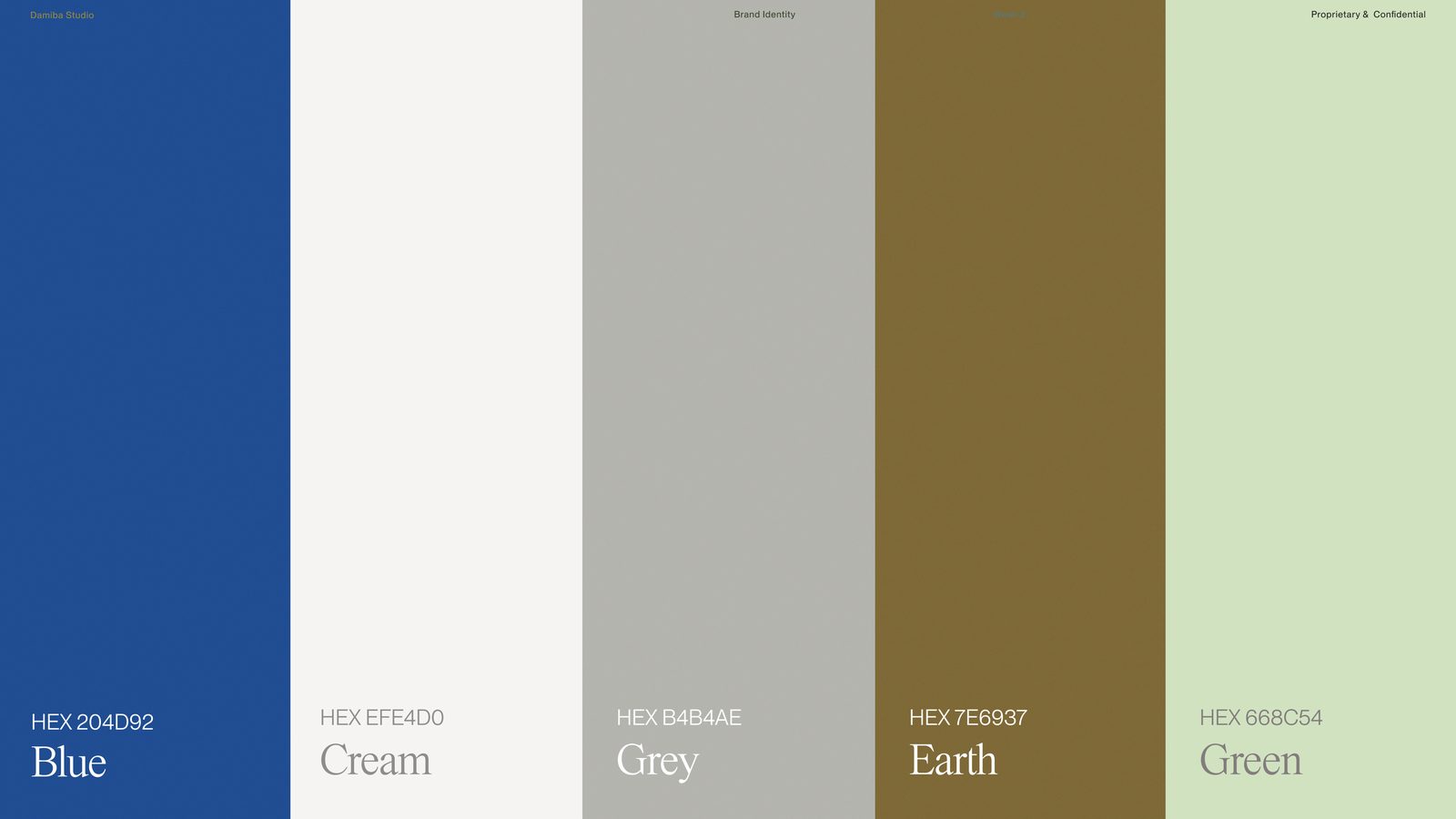 Secondary material palette: cream, grey, earth, green